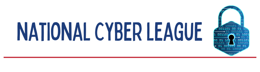 national cyber league in blue letters with a blue cyber lock to the right