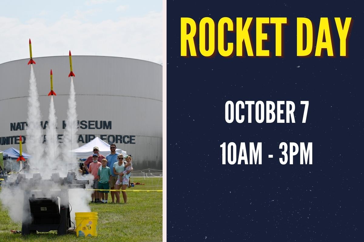 Image of a model rocket launch on the front lawn of the museum with the words "Rocket Day, Oct 7 from 10 - 3"