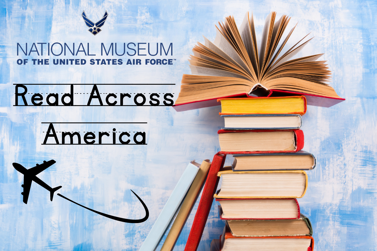 Mottled blue background with a stack of books on the right. On the left is the museum logo and the words "Read Across America" with an airplane underneath