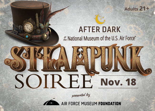 Image of a brown steampunk style hat with feathers and a clock. Steampunk Soiree Nov. 18 After Dark Event by the Air Force Museum Foundation
