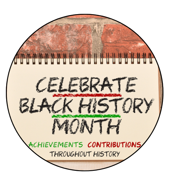 Round photo of a red brick wall with a chalk-style lettering on a spiral notebook that says Celebrate Black History Month