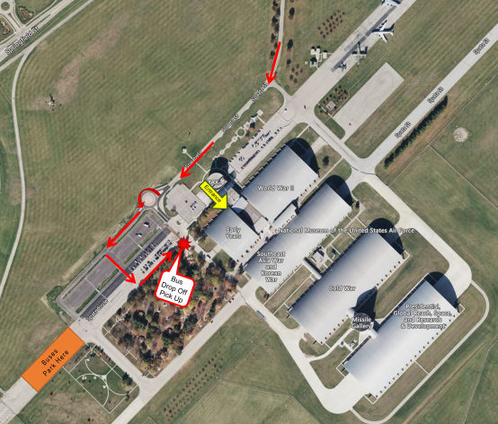 aerial map of the museum showing the bus drop off and parking routes