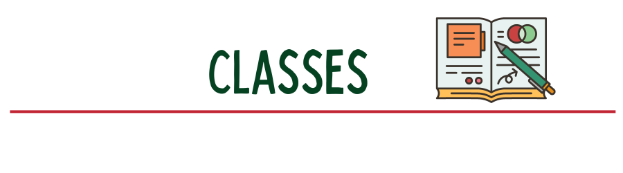 Classes in green letters with a red line underneath and a graphic of an open book with a pencil