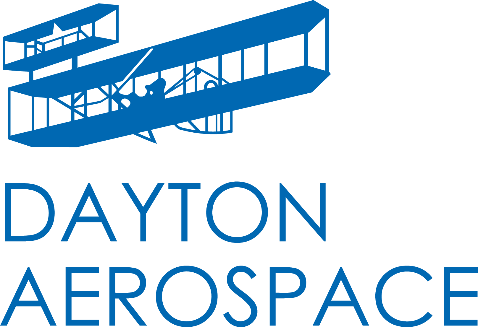 Dayton Aerospace logo in blue featuring a bi-plane