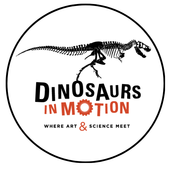 Dinosaurs In Motion with a black dinosaur skeleton