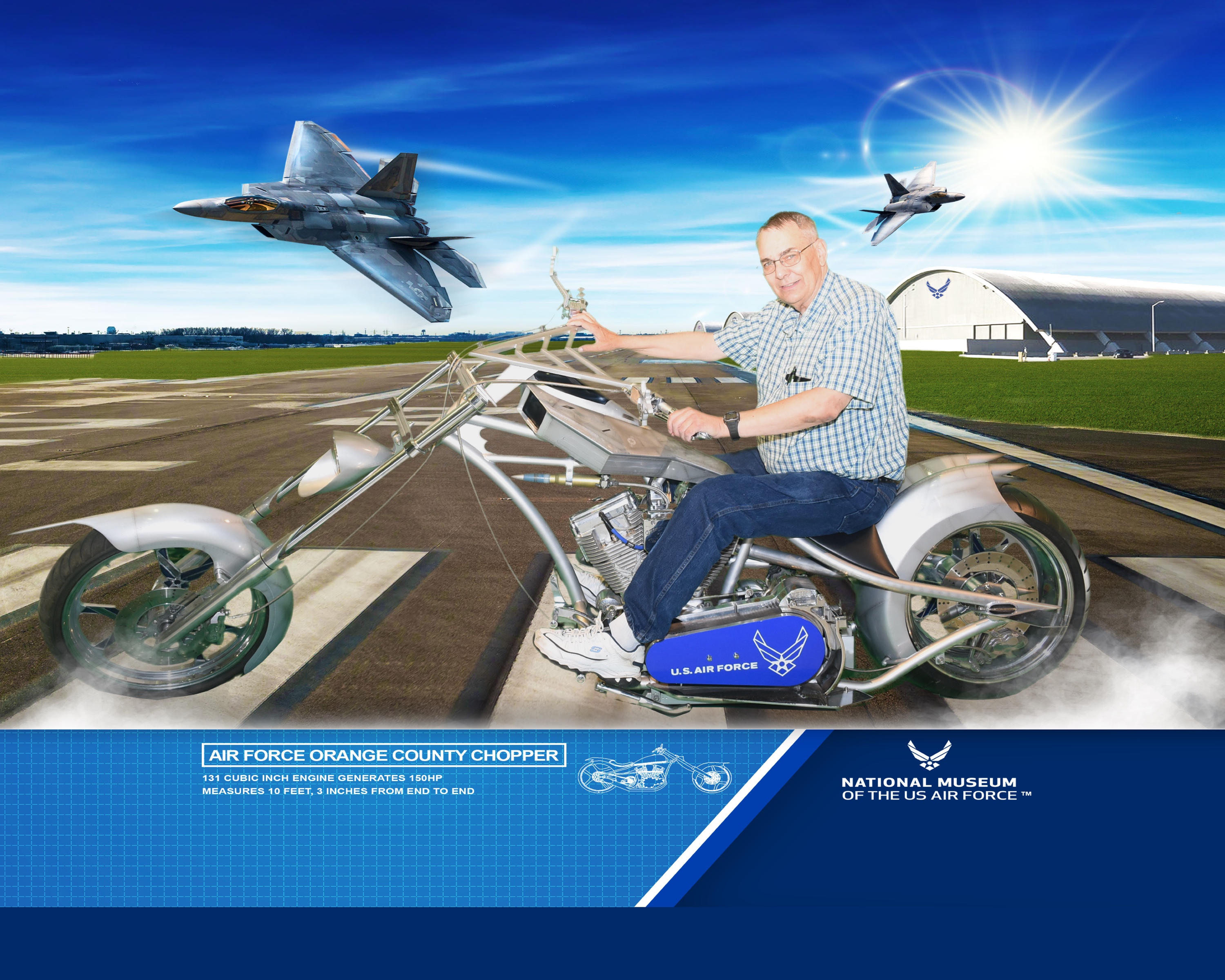 Sample of green screen picture. Man sitting on motorcycle in front of a digital image of the museum.