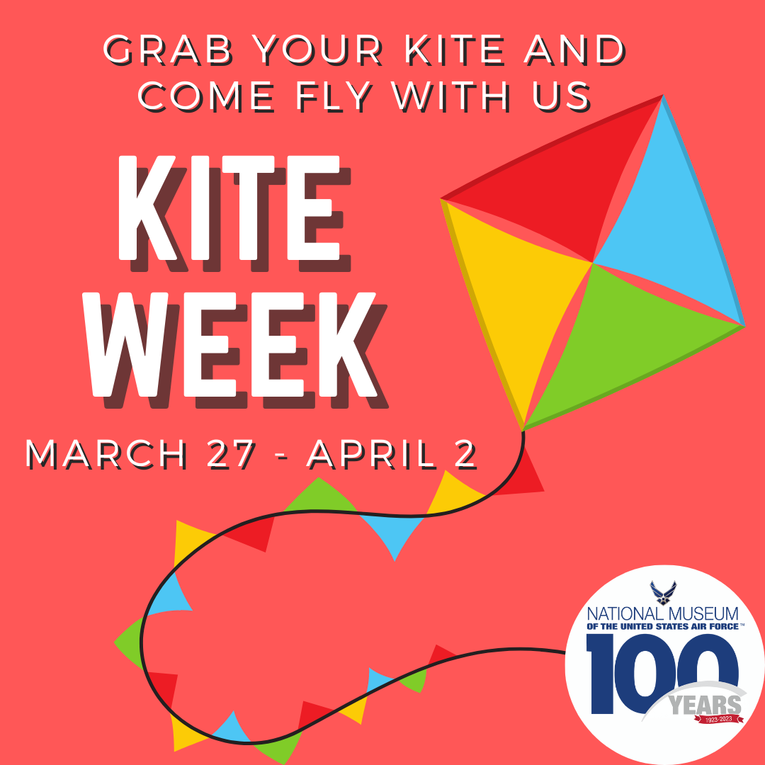 Red background with the words, grab your kit and come fly with us. Kite Week March 27  - April 2. An image of a kite with red, yellow, green and blue blocks and a multi-colored tail 