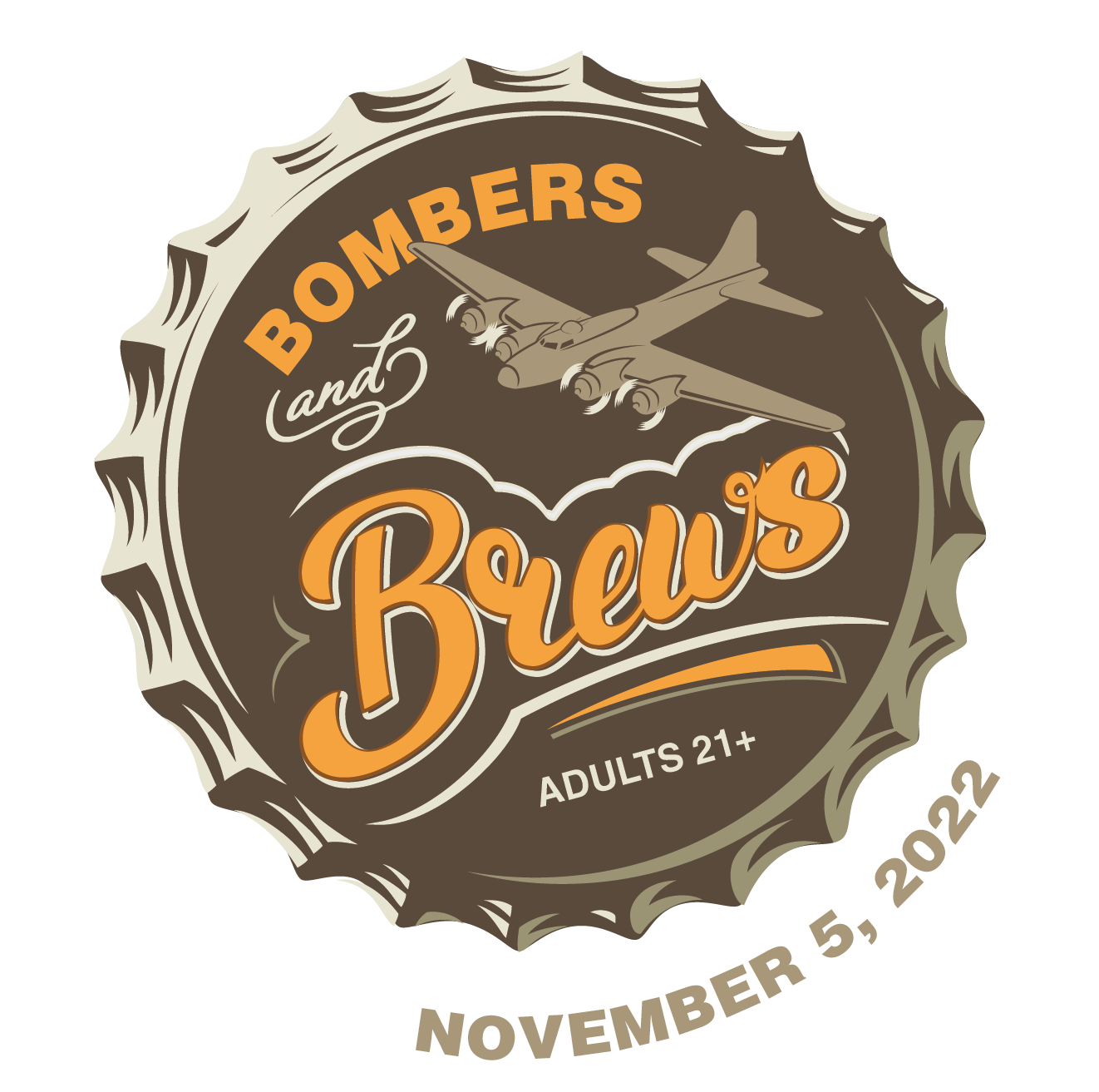 Image of a bottle cap with the text "Bombers and Brews, Nov. 5, 2022" on it
