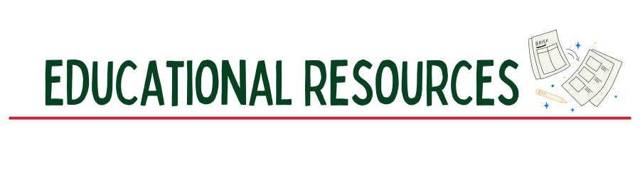 educational resources in green letters with a red line underneath and a graphic image of two pieces of paper an a pencil to the right.