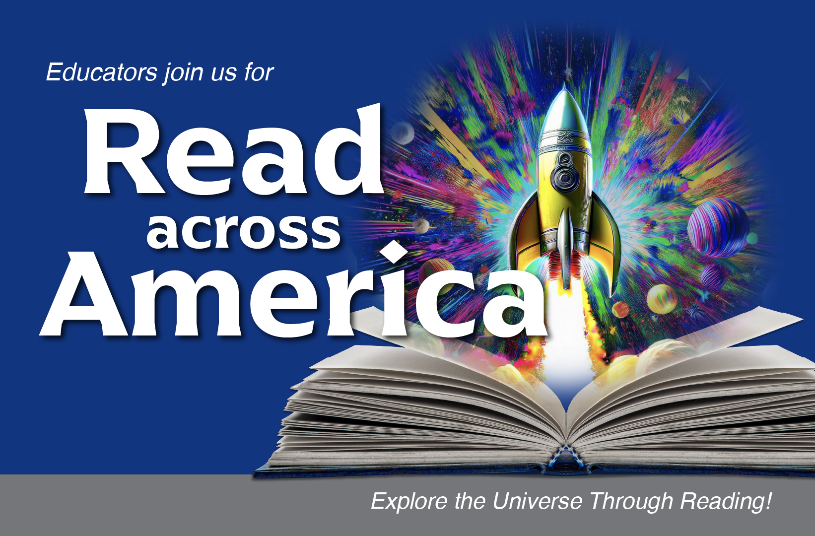 Mottled blue background with a stack of books on the right. On the left is the museum logo and the words "Read Across America" with an airplane underneath